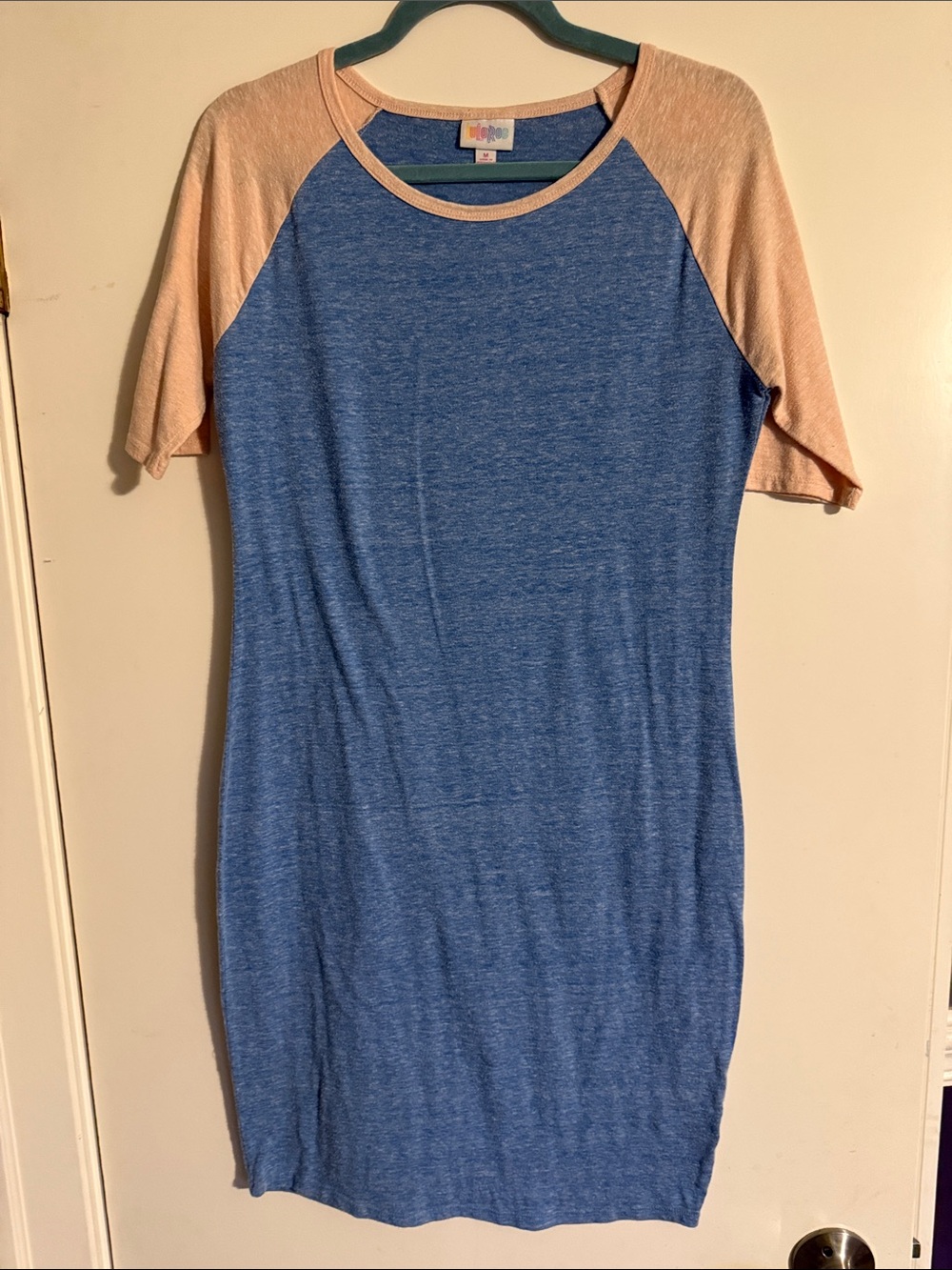 LuLaRoe Blue Body with Peach Raglan Sleeve Midi Dress